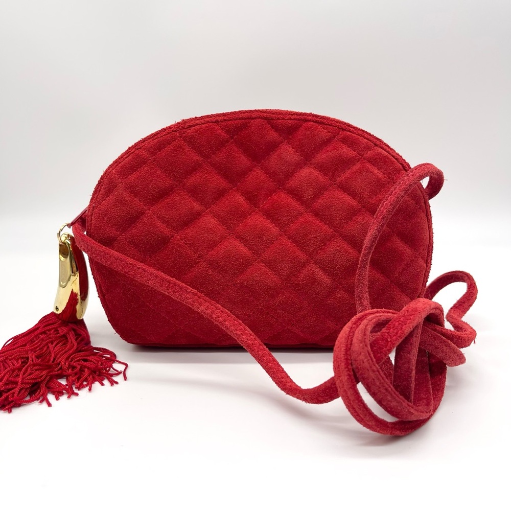 Nordstrom 1980s Vintage Italian Red Quilted Suede Tassel Tusk Shoulder Bag